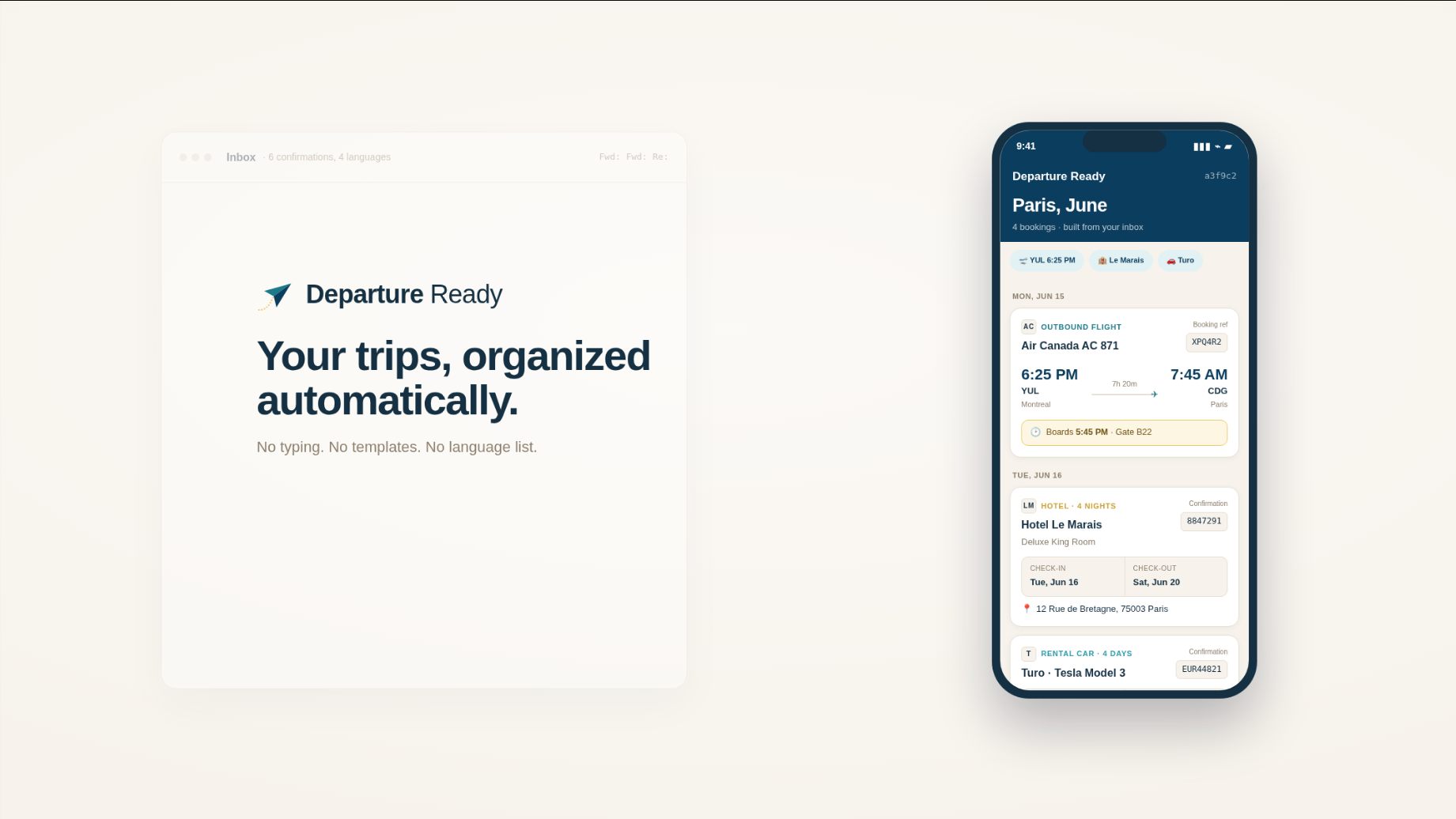 Booking confirmation emails flying from an inbox into the Departure Ready app