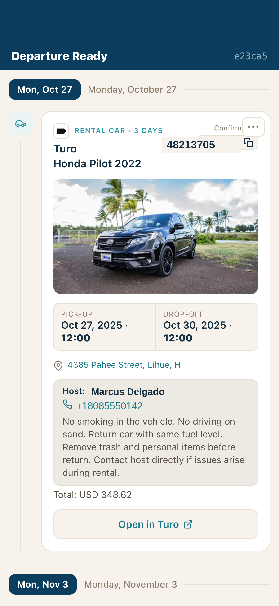 Departure Ready app showing a Kauai rental car booking from Turo