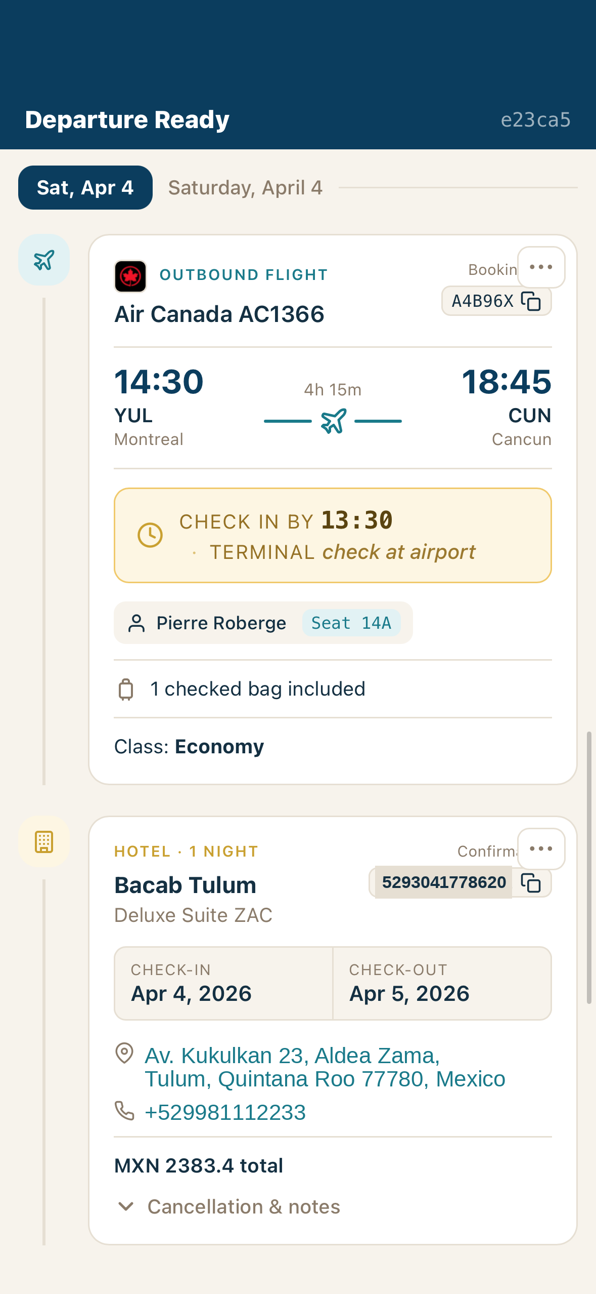 Departure Ready app showing a Tulum trip with an Air Canada flight and a hotel booking